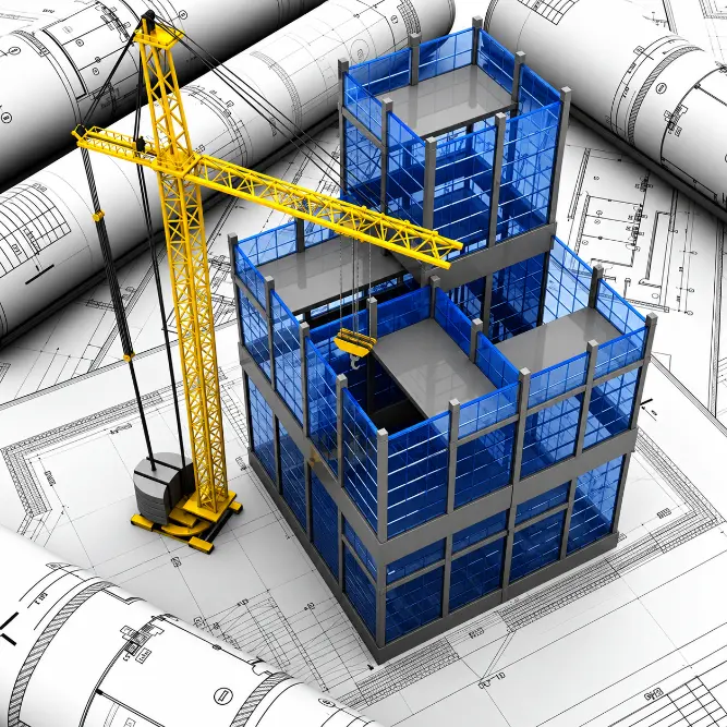 Tower Crane Over Blueprint Construction Model
